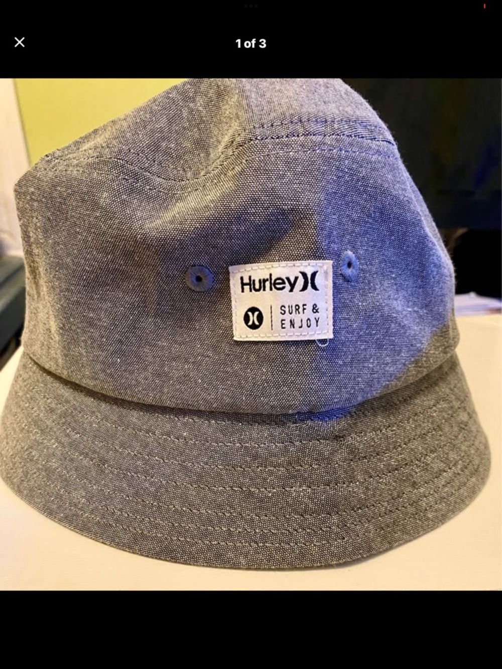 Hurley Chambray Gray Bucket Hat with 'Surf & Enjoy' Patch Sz M